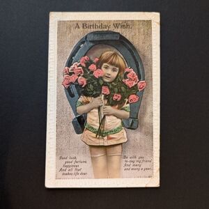 5/$25 Vintage Blank Birthday Postcard Horseshoe Girl Roses Embossed Art Nouveau